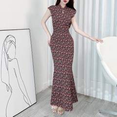 Đầm Body Hoa MIMIX Áo Cổ Tàu Giọt Nước Dáng Dài Form Đuôi Cá Tôn Dáng EI3190