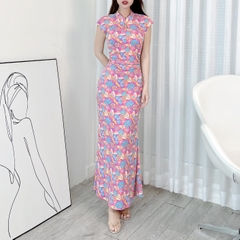 Đầm Body Hoa MIMIX Áo Cổ Tàu Giọt Nước Dáng Dài Form Đuôi Cá Tôn Dáng EI3190