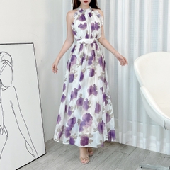 Đầm Maxi Cổ Yếm Viền Bèo Họa Tiết Hoa Chất Voan Hàn Đi Biển Đi Tiệc MIMIX - EK5