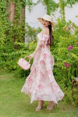 Đầm Maxi Hoa Bèo Dọc Xếp Ly Eo Tay Lửng Dáng Dài Tặng Kèm Hoa Chất Tơ Sước Nhũ In Hoa Đi Biển MIMIX - DE6