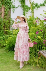 Đầm Maxi Hoa Bèo Dọc Xếp Ly Eo Tay Lửng Dáng Dài Tặng Kèm Hoa Chất Tơ Sước Nhũ In Hoa Đi Biển MIMIX - DE6