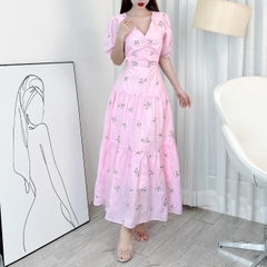Đầm Maxi Boi Thêu Hoa Nhún Ngực Cổ V Tay Ngắn Có Dây Thắt Eo Chất Boi Tơ Thêu Hoa Đi Biển MIMIX - EK4