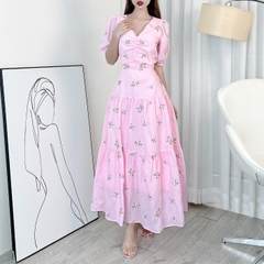 Đầm Maxi Boi Thêu Hoa Nhún Ngực Cổ V Tay Ngắn Có Dây Thắt Eo Chất Boi Tơ Thêu Hoa Đi Biển MIMIX - EK4