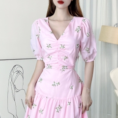 Đầm Maxi Boi Thêu Hoa Nhún Ngực Cổ V Tay Ngắn Có Dây Thắt Eo Chất Boi Tơ Thêu Hoa Đi Biển MIMIX - EK4