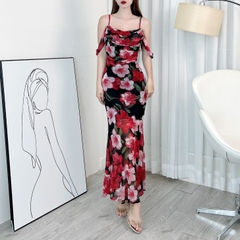 Đầm 2 Dây Hoa Cổ Đổ Rớt Tay Dáng Dài Chất Thun Lưới In Hoa Đi Tiệc Sang Trọng MIMIX - DF9
