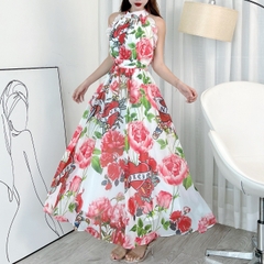 Đầm Maxi Cổ Yếm Viền Bèo Họa Tiết Hoa Chất Voan Hàn Đi Biển Đi Tiệc MIMIX - EK5