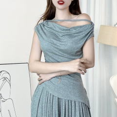Set Bộ Trơn Áo Trễ Vai Vạt Xéo Kèm Quần Dáng Dài Chất Thun Rip Lạnh Đi Tiệc MIMIX - EK6