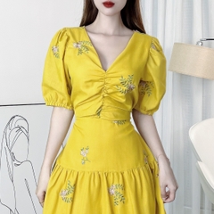Đầm Maxi Boi Thêu Hoa Nhún Ngực Cổ V Tay Ngắn Có Dây Thắt Eo Chất Boi Tơ Thêu Hoa Đi Biển MIMIX - EK4