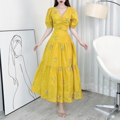 Đầm Maxi Boi Thêu Hoa Nhún Ngực Cổ V Tay Ngắn Có Dây Thắt Eo Chất Boi Tơ Thêu Hoa Đi Biển MIMIX - EK4