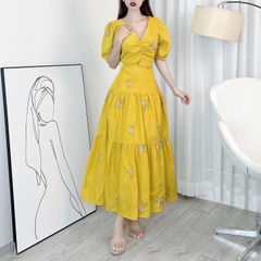 Đầm Maxi Boi Thêu Hoa Nhún Ngực Cổ V Tay Ngắn Có Dây Thắt Eo Chất Boi Tơ Thêu Hoa Đi Biển MIMIX - EK4