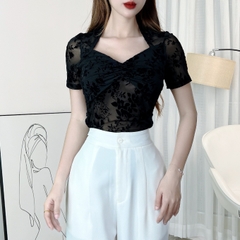 Áo Kiểu Nữ Tay Ngắn Chất Lưới Ép Nhung Đi Làm Đi Tiệc MIMIX - EK2