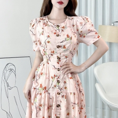 Đầm Maxi Hoa Cổ Tròn Tay Ngắn Đính Nút Dáng Dài Xòe Phối Xẻ Tà Chất Tơ Đũi In Hoa Đi Tiệc MIMIX - EL0
