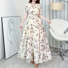 Đầm Maxi Hoa Cổ Tròn Tay Ngắn Đính Nút Dáng Dài Xòe Phối Xẻ Tà Chất Tơ Đũi In Hoa Đi Tiệc MIMIX - EL0