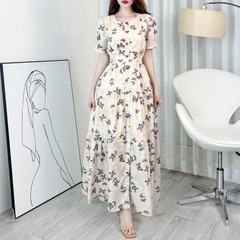 Đầm Maxi Hoa Cổ Tròn Tay Ngắn Đính Nút Dáng Dài Xòe Phối Xẻ Tà Chất Tơ Đũi In Hoa Đi Tiệc MIMIX - EL0