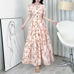 Đầm Maxi Hoa Cổ Tròn Tay Ngắn Đính Nút Dáng Dài Xòe Phối Xẻ Tà Chất Tơ Đũi In Hoa Đi Tiệc MIMIX - EL0