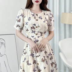Đầm Maxi Hoa Cổ Tròn Tay Ngắn Đính Nút Dáng Dài Xòe Phối Xẻ Tà Chất Tơ Đũi In Hoa Đi Tiệc MIMIX - EL0