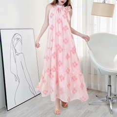 Đầm Maxi Yếm Nữ Thêu Hoa Chất Tơ Lụa Thêu Hoa 3D Đi Biển Đi Tiệc MIMIX - EM0