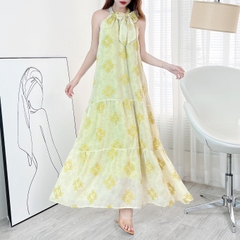 Đầm Maxi Yếm Nữ Thêu Hoa Chất Tơ Lụa Thêu Hoa 3D Đi Biển Đi Tiệc MIMIX - EM0