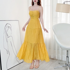 Đầm Maxi Trơn Nữ 2 Dây Cut Out Lưng Dáng Dài Xòe Có Cột Eo Chất Tơ Nhún QC Đi Biển MIMIX - EM2