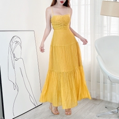 Đầm Maxi Trơn Nữ 2 Dây Cut Out Lưng Dáng Dài Xòe Có Cột Eo Chất Tơ Nhún QC Đi Biển MIMIX - EM2