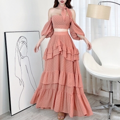 Set Váy Áo Croptop Tay Bồng Mix Chân Váy Tầng Dáng Dài Chất Tơ Bông Tuyết Đi Biển MIMIX - CC6