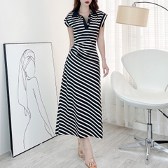 Đầm Polo Sọc Cổ Sơ Mi Tay Ngắn Phối Nhún Eo Chất Thun QC Đi Tiệc MIMIX - EM7
