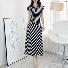 Đầm Polo Sọc Cổ Sơ Mi Tay Ngắn Phối Nhún Eo Chất Thun QC Đi Tiệc MIMIX - EM7