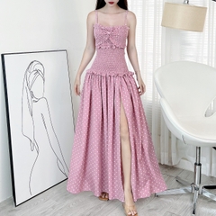 Đầm Maxi 2 Dây Chấm Bi Nhún Thân Xẻ Tà 2 Màu Chất Đũi Sọc Chấm Bi Đi Biển MIMIX - EN4