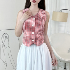 Áo Gile Caro Cổ Dạng Vest Phối Nút Chất Bố Lụa Công Sở MIMIX - EN1