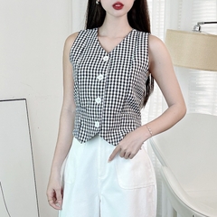 Áo Gile Caro Cổ Dạng Vest Phối Nút Chất Bố Lụa Công Sở MIMIX - EN1