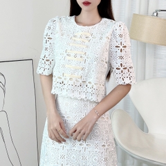 Set Váy Cổ Tròn Tay Ngắn Phối Đan Dây Kèm Chân Váy Dáng Dài Chất Ren Cotton Quảng Châu Đi Tiệc MIMIX - EP3