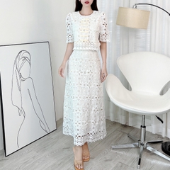 Set Váy Cổ Tròn Tay Ngắn Phối Đan Dây Kèm Chân Váy Dáng Dài Chất Ren Cotton Quảng Châu Đi Tiệc MIMIX - EP3