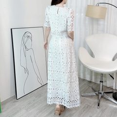 Set Váy Cổ Tròn Tay Ngắn Phối Đan Dây Kèm Chân Váy Dáng Dài Chất Ren Cotton Quảng Châu Đi Tiệc MIMIX - EP3