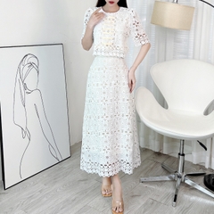 Set Váy Cổ Tròn Tay Ngắn Phối Đan Dây Kèm Chân Váy Dáng Dài Chất Ren Cotton Quảng Châu Đi Tiệc MIMIX - EP3