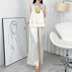 Set Bộ Nữ Áo Sát Nách Thêu Họa Tiết Mix Quần Dài Ống Rộng Chất Gấm Lụa QC MIMIX - DZ0