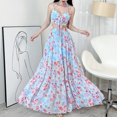 Set Váy Áo 2 Dây Mix Chân Váy Dáng Dài Xòe Chất Voan Tơ Sống Tơ Thêu Đi Biển Đi Tiệc MIMIX - EH4