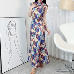 Đầm Body Hoa Váy Nhún Eo Cổ Tàu Giọt Nước Dáng Dài Đuôi Cá Chất Thun Lụa Mịn QC - EN2