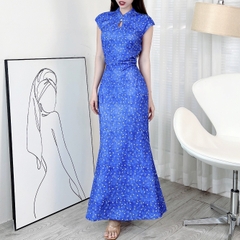 Đầm Body Hoa Váy Nhún Eo Cổ Tàu Giọt Nước Dáng Dài Đuôi Cá Chất Thun Lụa Mịn QC - EN2