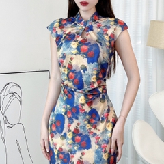 Đầm Body Hoa Váy Nhún Eo Cổ Tàu Giọt Nước Dáng Dài Đuôi Cá Chất Thun Lụa Mịn QC - EN2