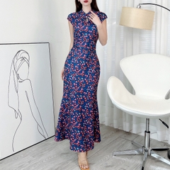 Đầm Body Hoa Váy Nhún Eo Cổ Tàu Giọt Nước Dáng Dài Đuôi Cá Chất Thun Lụa Mịn QC - EN2