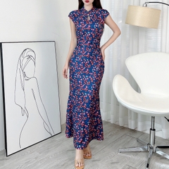 Đầm Body Hoa Váy Nhún Eo Cổ Tàu Giọt Nước Dáng Dài Đuôi Cá Chất Thun Lụa Mịn QC - EN2