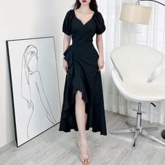 Đầm Maxi Đắp Chéo Viền Bèo Tay Bí 3 Màu Chất Đũi Vân Gỗ Đi Biển MIMIX - EO2