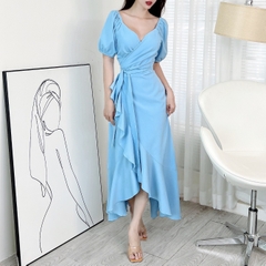 Đầm Maxi Đắp Chéo Viền Bèo Tay Bí 3 Màu Chất Đũi Vân Gỗ Đi Biển MIMIX - EO2