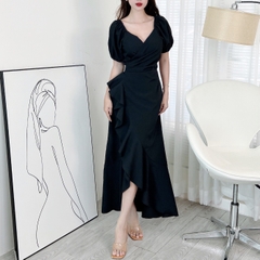 Đầm Maxi Đắp Chéo Viền Bèo Tay Bí 3 Màu Chất Đũi Vân Gỗ Đi Biển MIMIX - EO2