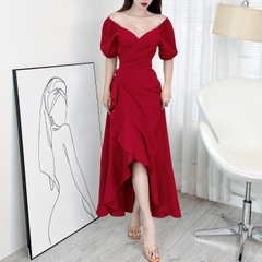 Đầm Maxi Đắp Chéo Viền Bèo Tay Bí 3 Màu Chất Đũi Vân Gỗ Đi Biển MIMIX - EO2