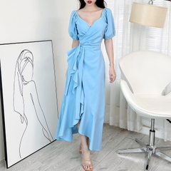 Đầm Maxi Đắp Chéo Viền Bèo Tay Bí 3 Màu Chất Đũi Vân Gỗ Đi Biển MIMIX - EO2