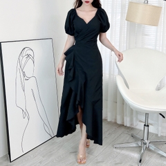 Đầm Maxi Đắp Chéo Viền Bèo Tay Bí 3 Màu Chất Đũi Vân Gỗ Đi Biển MIMIX - EO2