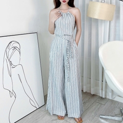Set Yếm Sọc  Áo Form Yếm Kèm Quần Dáng Dài Chất Linen Kẻ Đi Du Lịch MIMIX - EJ7