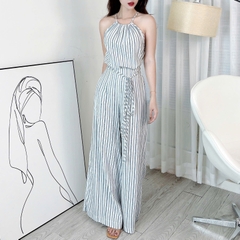 Set Yếm Sọc  Áo Form Yếm Kèm Quần Dáng Dài Chất Linen Kẻ Đi Du Lịch MIMIX - EJ7