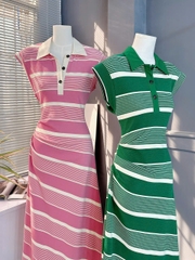 Đầm Polo Sọc Cổ Sơ Mi Tay Ngắn Phối Nhún Eo Chất Thun QC Đi Tiệc MIMIX - EM7